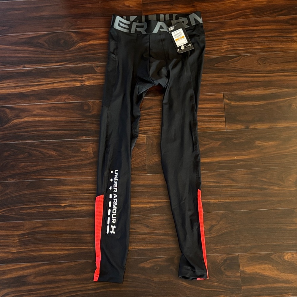 Under Armour Men’s Black Leggings with Orange-Red Details